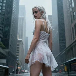 amazing wet white hair emma watson, light white dress, very hot, rain, sci - fi girl on the city, skyscrapers, cute face, athletic body, full body view, amazing art, fantasy art, highly detailed, wet clothes, photo from below, back photo