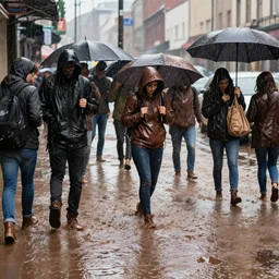people on street get wet of chocolate liquid rain, flooded with 🍫