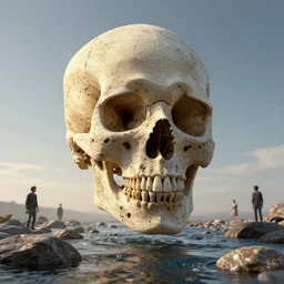 A beautiful digital artwork of a cellular automata skull in the sky. Dramatic soft lighting, clear skies. A flowing river with rocks, by Jeffrey Smith and Tyler Edlin and Patrice Murciano.  Octane render, PBR, path tracing, octane render, subsurface scattering.