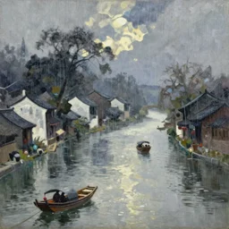 south china village, riverfront, boats floating on water, raining, winter, abstract, oil on canvas, by zao wou - ki