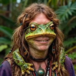 half - body portrait of hippie fused with toad goddess in garden masterpiece happiness by jim burns doyle, tim detailed ultrarealistic expressive eyes dynamic cinematic dramatic