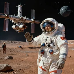extreme long shot of a soviet cosmonaut in mars, mets for the first time with an alien civilisation, spreads the word of the revolution, cccp international space station in the background, sovietwave aesthetic, sci fi, soviet futurism, socialist realism, volumetric lighting, ultra detailed, hyperrealistic, photoshopped, octane render, 8 k, high resolution
