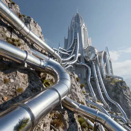 shiny glistening metallic pipes climbing up a mountain towards a mechanical abbey, digital art, artstationhq, by Jordan Grimmer and Victor Mosquera