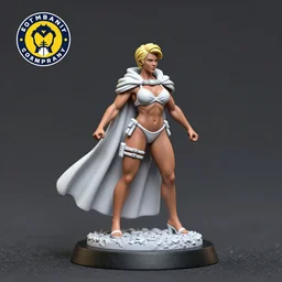 80mm resin detailed miniature of a Very Muscular Queen, long white cloak, bikini-armor, very short blonde hair, on textured disc base, Company logo in upper left corner; Miniature product Photo, 4K, Full body