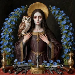 renaissance masterpiec of Santa muerte with ger beloved owl on her shoulder and surrounded by little azure flowers and guns and ammunitions as ofrendas + no crop, visionary art, extremely high detail, realistic, octane render, post processed,