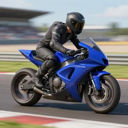 man riding a blue motorcycle on a race track, a computer rendering by cornelisz hendriksz vroom, the younger, featured on cgsociety, photorealism, uhd image, made of rubber, rendered in unreal engine