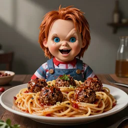 spaghetti with meatballs shaped like screaming chucky doll