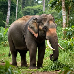 An ultra hyper realistic elephant eating grass in the middle of the amazonian jungle.