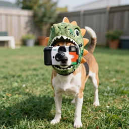 a small hound dog wearing a funny oversized dinosaur mask on it ’ s head, disposable camera photograph, casual, backyard, midday, sunny, funny photo, full body shot, sharp, detailed, 4 k, modern