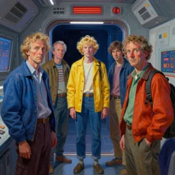 waiting people in space ship liminal space, colorful, peter elson, jim burns, tim white, roger dean
