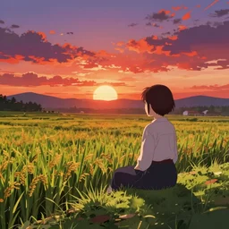 reimu sitting on a hill overlooking rice fields during sunset cinematic, deep vibrant colors, anime illustration, anime composite background
