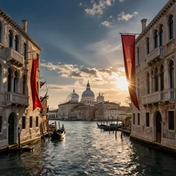Venice in the winter, stunning atmosphere, light of the gods, flowing banners, in style of Marcus Mohrbacher