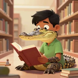 curious indian gharial reading a book at the library digital art, artstation, colorful