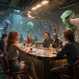 a sci fi bar where the patrons are aliens, digital art by julie bell and artgerm and ross tran and angel ganev, highly detailed, trending on artstationhq, lens flare, sharp focus, sharp, motion blur