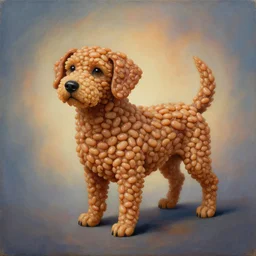 painting of a very cute dog consisting entirely of british baked beans, dog is made of baked beans, baked bean skin texture, by zdzislaw beksinski, by dariusz zawadzki, by wayne barlowe, gothic, surrealism, cosmic horror, lovecraftian, cold hue's, warm tone gradient background, concept art, beautiful composition