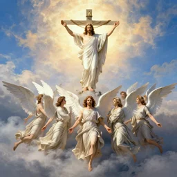 an army of angels in the sky with jesus christ on top