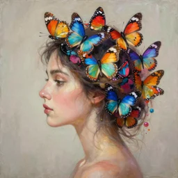 A beautiful side portrait painting of a woman. Colorful butterflies emerge from her hair, covering almost all of her head. Art by Sandra Chevrier, trending on Artstation.