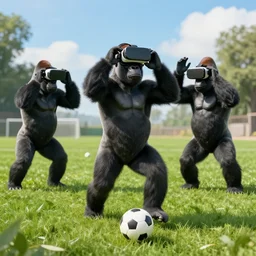 gorillas using vr headset playing soccer, vivid