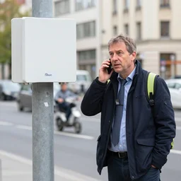 worker of german telekom is calling his boss while standing next to an access node in the streets of berlin