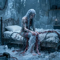 rgb, woman, bedroom full of ice, sadness, cinematic, movie scene, inspired by zdzislaw beksinski, clothes made out of veins,, cables everywhere, bedroom, ultra realistic, concept art, intricate details, highly detailed, photorealistic, octane render, 8 k