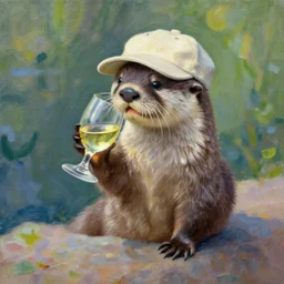 otter in a cap drinks wine, impressionism