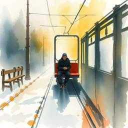 small centered on watercolor paper, paint brush strokes, abstract watercolor painting of lone old man on tram, poor and rugged, foggy dawn, morning dew, cinematic light, national romanticism by hans dahl, by jesper ejsing, by anders zorn, by greg rutkowski, by greg manchess, by tyler edlin