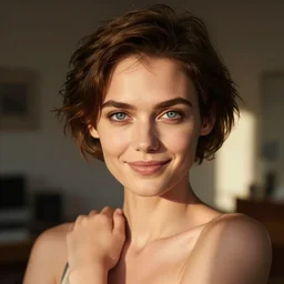 high detail portrait photo, a beautiful model woman with short brown hair and realistic deep blue eyes and symmetrical well - proportioned facial features, smiles knowingly at the camera, dynamic pose, medium distance, short dof, taken in a dimly lit apartment at golden hour, photographed with a zeiss supreme prime lens