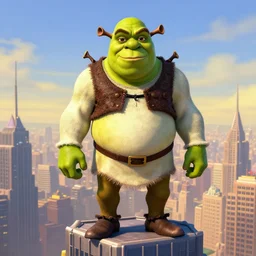 portrait Sephiroth wearing a shrek the ogre costume head eyes with yoked burly physique stands atop a skyscraper norman rockwell brad rigney winslow homer greg rutkowski stop-motion dreamworks pixar kingdom hearts