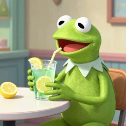 realistic anime digital art of kermit the frog buying lemonade.