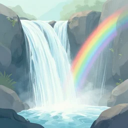 artdeco illustration of waterfall cascading onto rocks, small rainbow emerging in background, ethereal, beautiful scenery, intricately meticulously detailed, amazing, glitter, 8 k render octane high definition