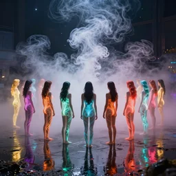 love, groups of people with glowing bodies, from behind, rebirth, beauty, wide angle, elaborate, wet, highly detailed, smoke, steam, reflections, vivid colors, beautiful lighting