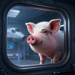 pig looking out the window of a spaceship, realistic, star citizen