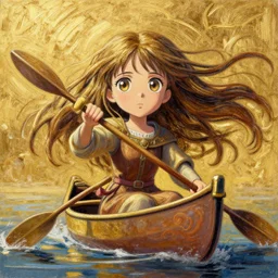 recursive image with a girl in canoe, medieval, large eyes, her long hair flowing, surreal, oil pastels and gold, in the style of katsuhiro otomo, modeled in poser, redshift render, uhd