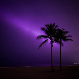 on a beach, a dark night, faded purple light streak across the sky coming from the left down to the right, 2 skinny shadow palm trees stand in front of the purple glow in the sky, high detail