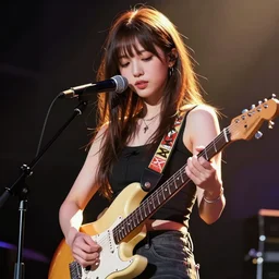 rockstar girl playing electric guitar on stage. by amano yoshitaka, digital art, digital painting, artstation trending, unreal engine, by rembrandt