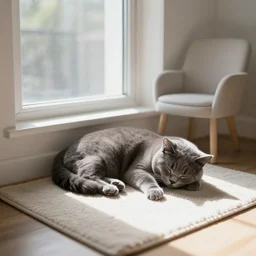 a grey cat sleeping by the window in the sunlight, afternoon sun, small room with one chair and a rug