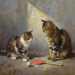 Два кота грають у пінг-понг на помаранчевому фоні, oil painting