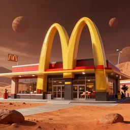 the first mcdonalds restaurant on mars by fantasy artist tiago da silva ( grafik ), highly detailed, cinematic, concept art, digital matte painting