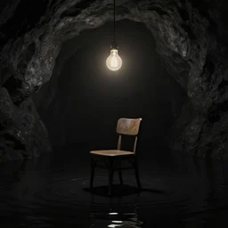 a matte painting of a single chair under a lightbulb, surrounded by black water lake artstation, surreal, dark space cave, by rembrandt, chiaroscuro
