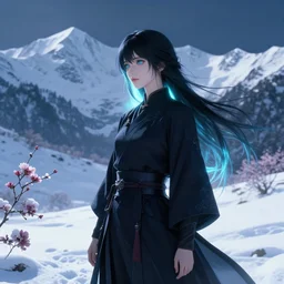 crow alchemist girl in the flowering snowy mountains. complementary colors, indie concept art, luminescent, 4 k, chiaroscuro, rimlight.