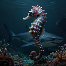 monstrous seahorse leviathan, with the teeth and jaws of a shark, living in a deep, dark coral reef. style of subnautica. video game concept art. photorealistic. unreal engine. 4 k. underwater horror.