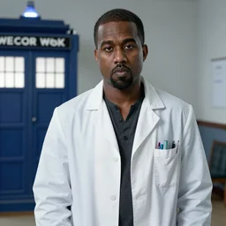kanye west as the doctor in doctor who, doctor who, movie still, cinematic lighting, ray tracing, octane render, long lens, shallow depth of field, bokeh, anamorphic lens flare, 8 k, hyper detailed, 3 5 mm film grain