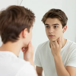 a beautiful picture of a teenager looks at himself in the mirror in the luxurious bedroom, by greg rutkowski and thomas kinkade, trending on artstation