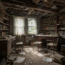 abandoned old 1 8 0 0's dusty attic with library covered by dust and cobwebs, rotten wood, dusty dirty floor, books and newspapers on the floor, sunlight through the broken windows, old torn white curtains, old chairs, old desk, hyperdetailed, artstation, cgsociety, 8 k