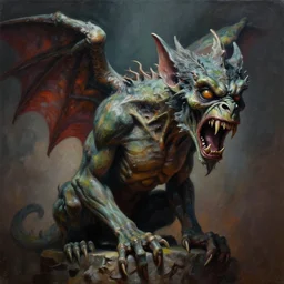 A striking painting of a scary, snarling gargoyle by Craig Mullins, dramatic lighting, extremely high detail, trending on artstation