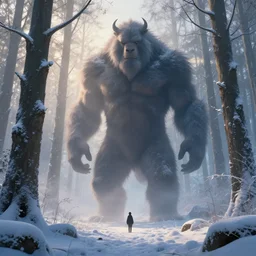 tall humanoid beast looming over a tiny human in a winter forest at dawn, ethereal fantasy, artstation, agostino arrivabene