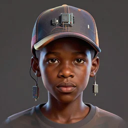 colourful caricature unreal engine render - vfx art - portrait of a nigerian boy wearing a baseball cap with wires and computer chips dangling from inside, art style by james jean, hsiao - ron cheng & frank frazetta, character concept art, digital illustration, sharp, intricate detail, volumetric light, ray tracing, soft light, symmetric, pinterest, artstation, behance,