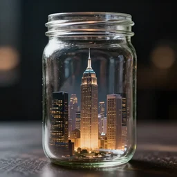 glass jar with a city inside, bokeh, dramatic lighting, hyperrealistic, highly detailed