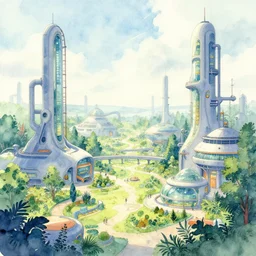 futuristic industrial garden. watercolor by moebius and clamp, backlighting, vibrant palette.