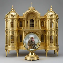 a 3 5 mm f / 1. 4 iso 1 6 0 0 photograph of an ornate brass palace, decorated with filigree engravings and mounted on a glass sphere containing a baboon.